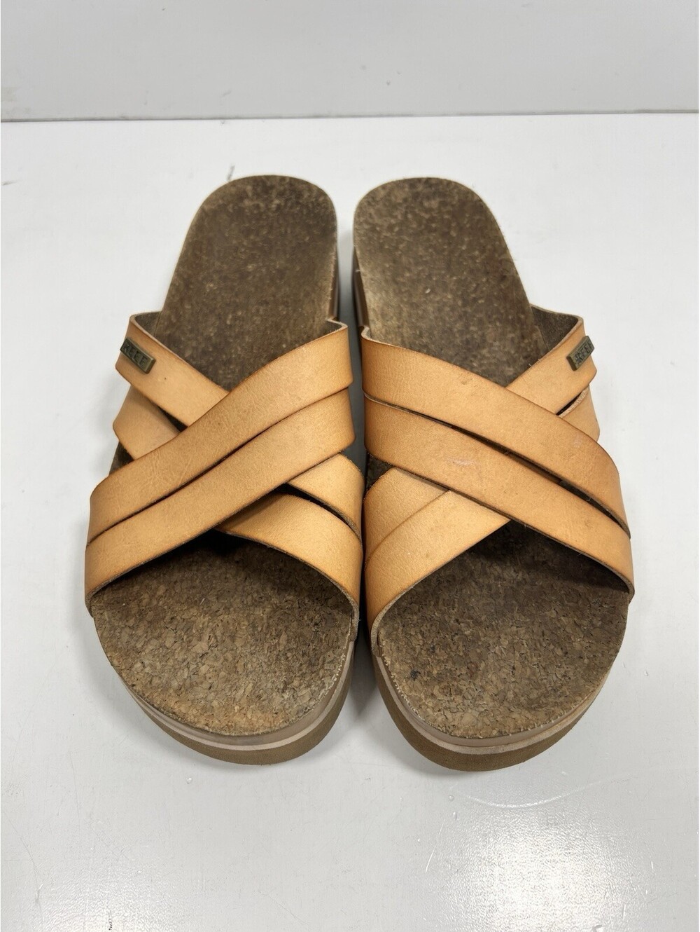 REEF Kaia Cross Cushioned Slide Sandal Women Sz 9 Natural Tan Vegan Leather